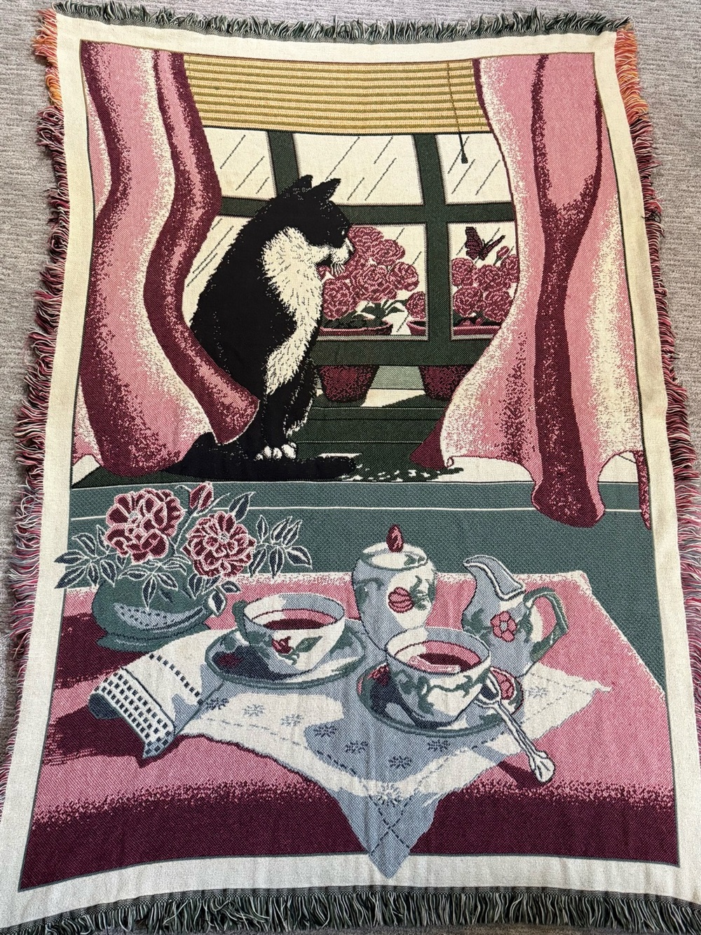 1994 Cat Tea Party Woven Tapestry Throw Blanket Cottagecore 46 x 70